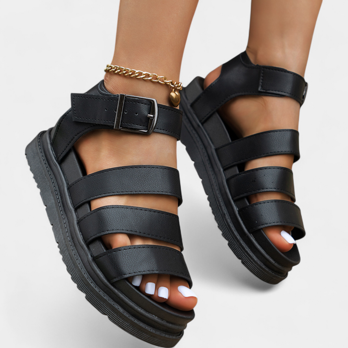 Bess | Multi Strap Platform Sandals with Ankle Buckle – Black