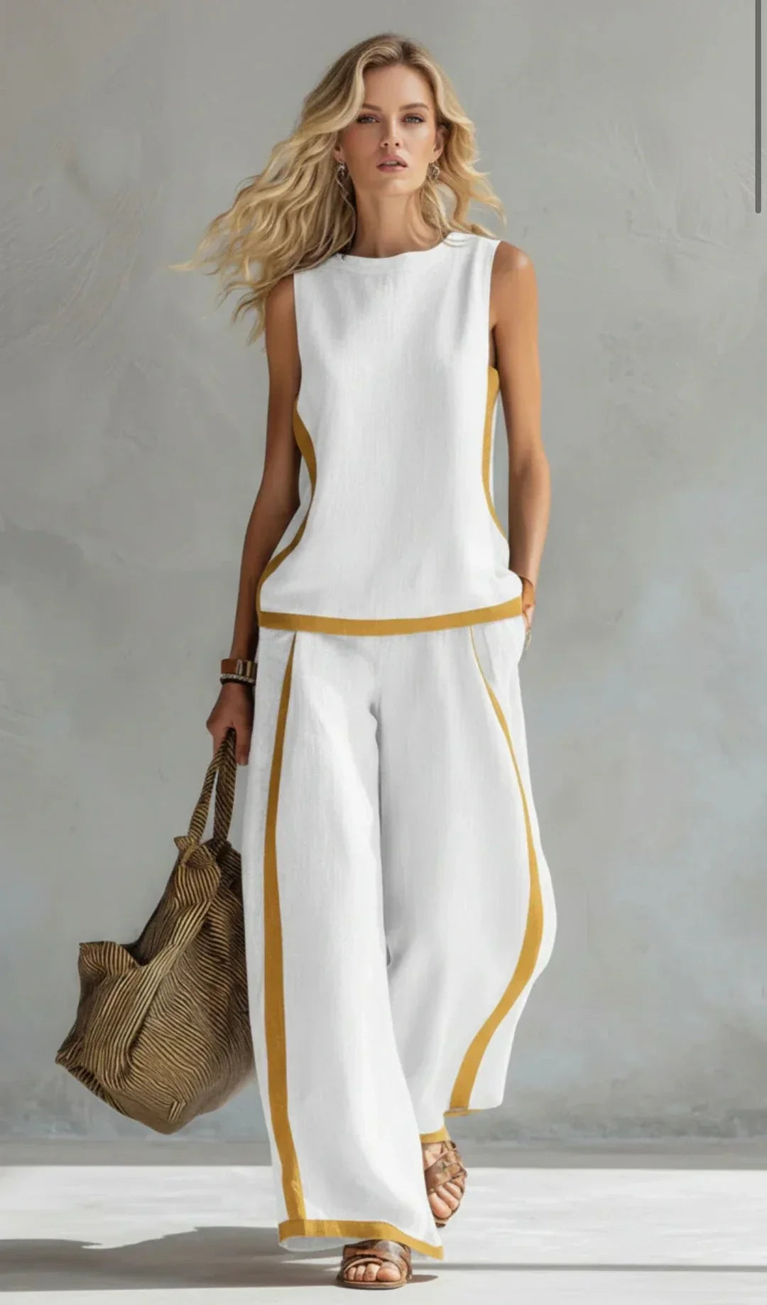Peggy | Two Piece Set with Contrast Trim – White