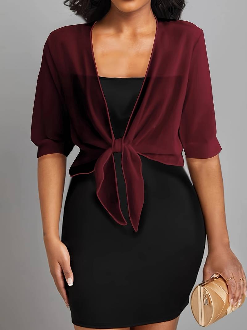 Honor | Sheer Tie-Front Bolero Top – Wine Red