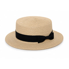 Nissa | Women's Boater Straw Hat with Ribbon Band – Beige