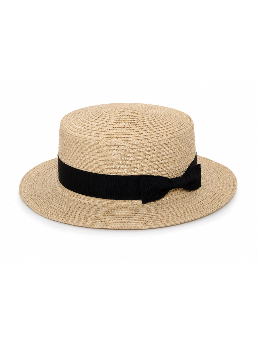 Nissa | Women's Boater Straw Hat with Ribbon Band – Beige