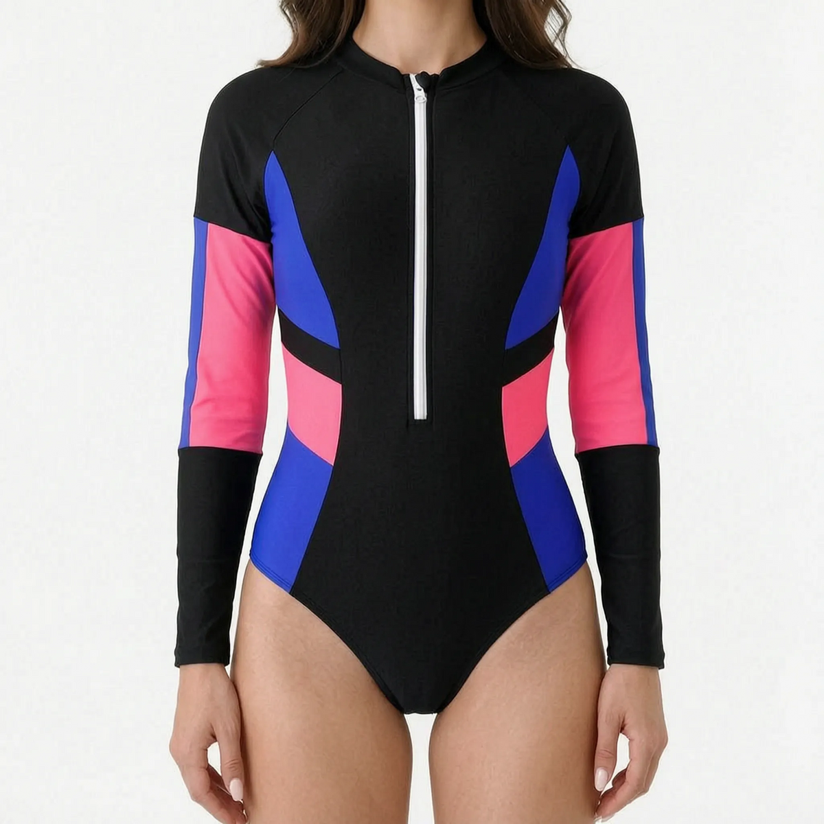 Sunday | Colour Block Long Sleeve Swimsuit with Zip – Black Blue Pink
