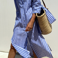 Penelope | Women's Striped Linen Midi Dress – Blue