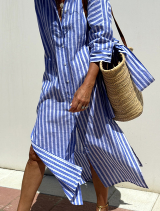 Penelope | Women's Striped Linen Midi Dress – Blue