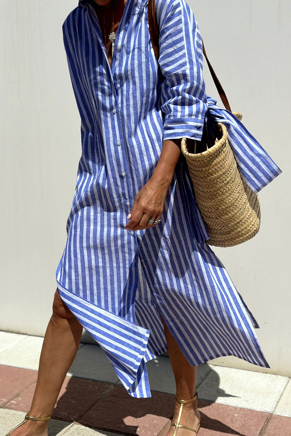 Penelope | Women's Striped Linen Midi Dress – Blue