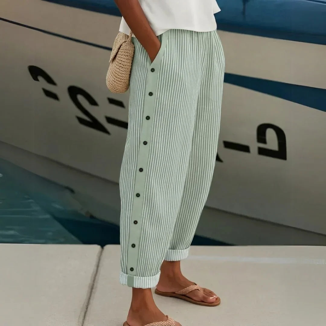 Amity | Striped Pants with Button Detail – Green