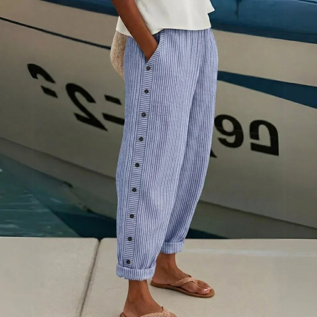 Amity | Striped Pants with Button Detail – Dark Blue