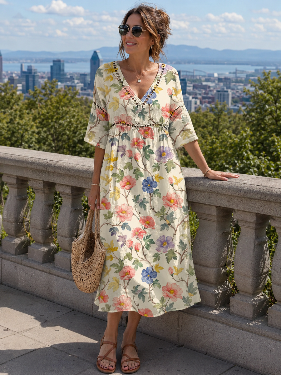 Tansy | V-Neck Floral Linen Midi Dress
