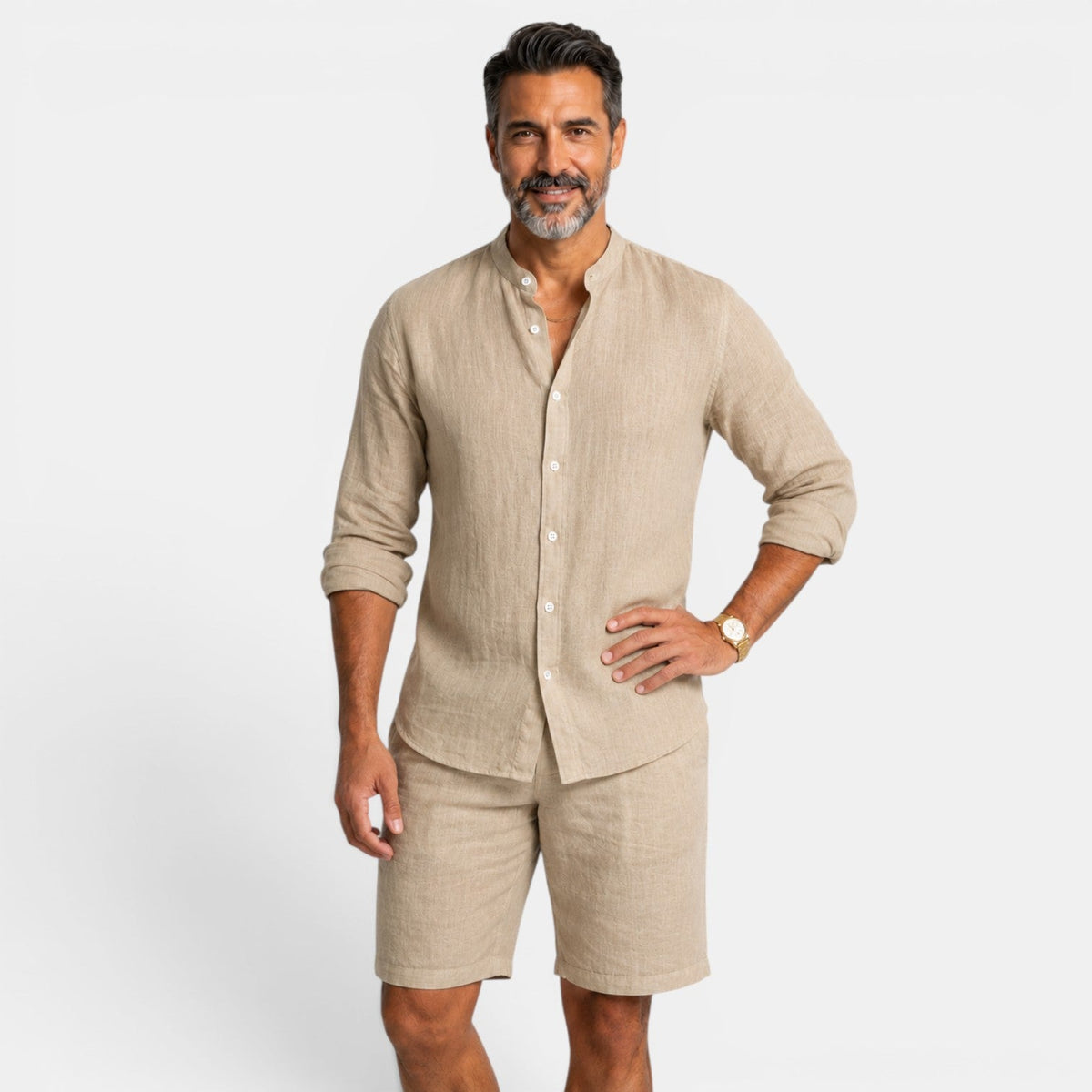 Gideon | Casual Linen Shirt Set – Khaki