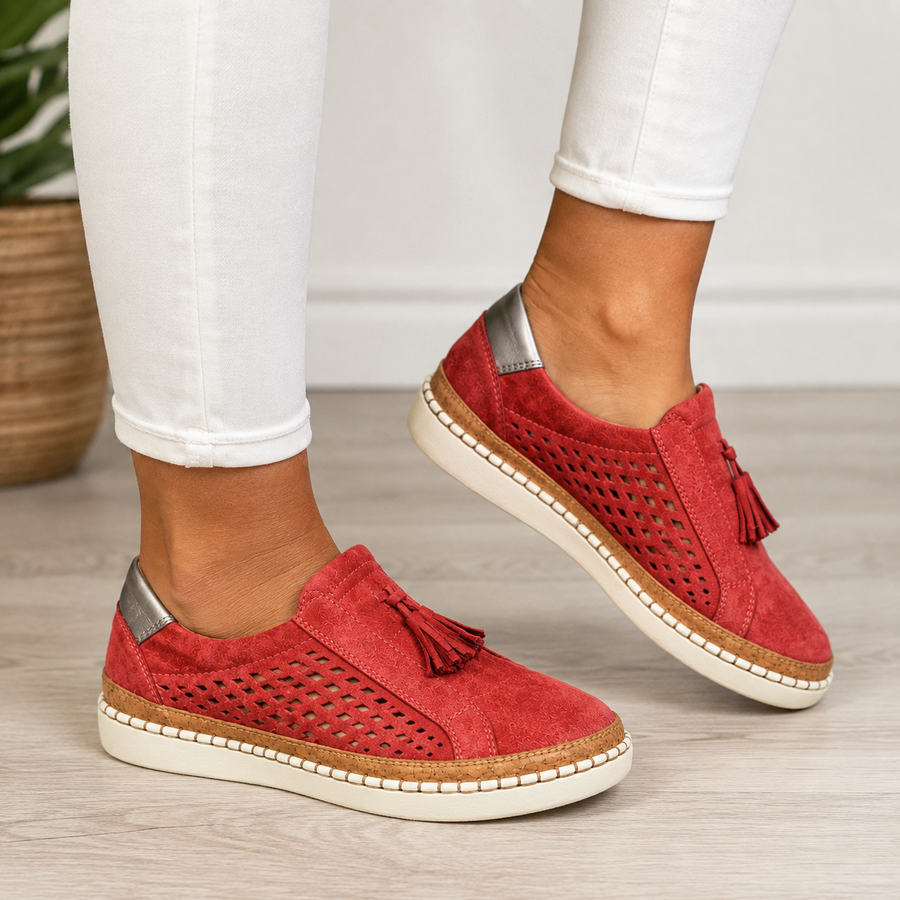 Belle | Perforated Slip-On Comfort Loafers – Red