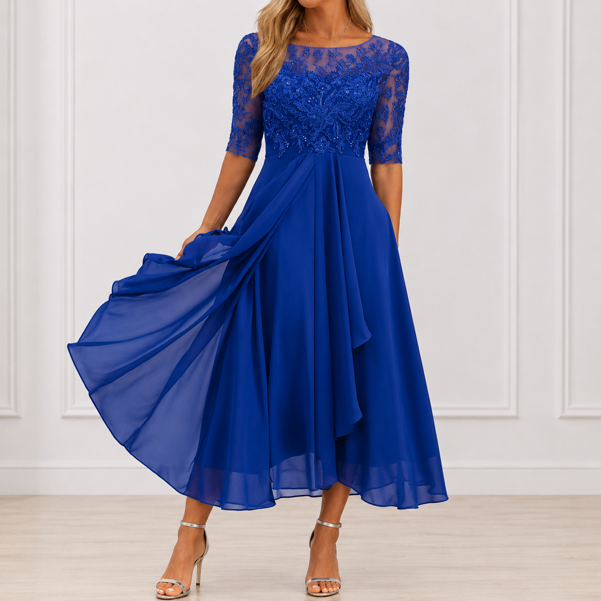 Solene | Elegant Floral Summer Dress – Royal Blue