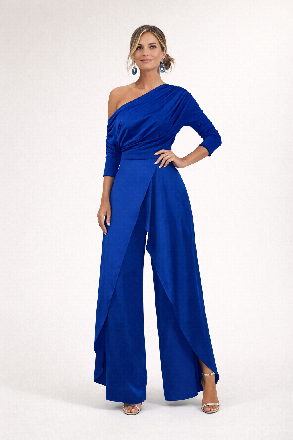 Fiorella | One Shoulder Wide Leg Jumpsuit with Overlay – Blue