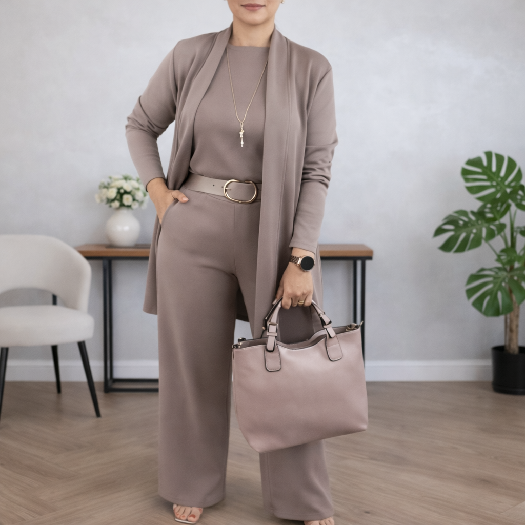 Saoirse | Three Piece Set with Long Cardigan – Brown