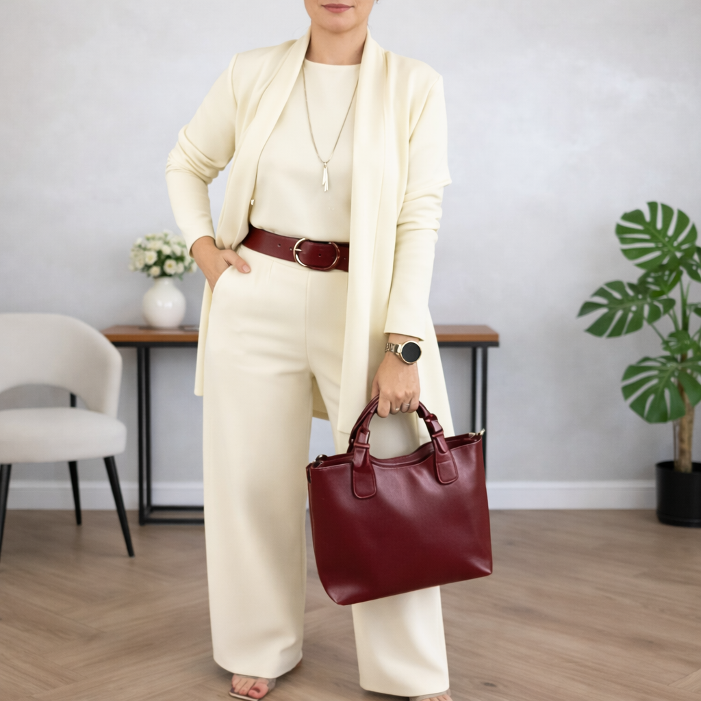 Saoirse | Three Piece Set with Long Cardigan – Beige