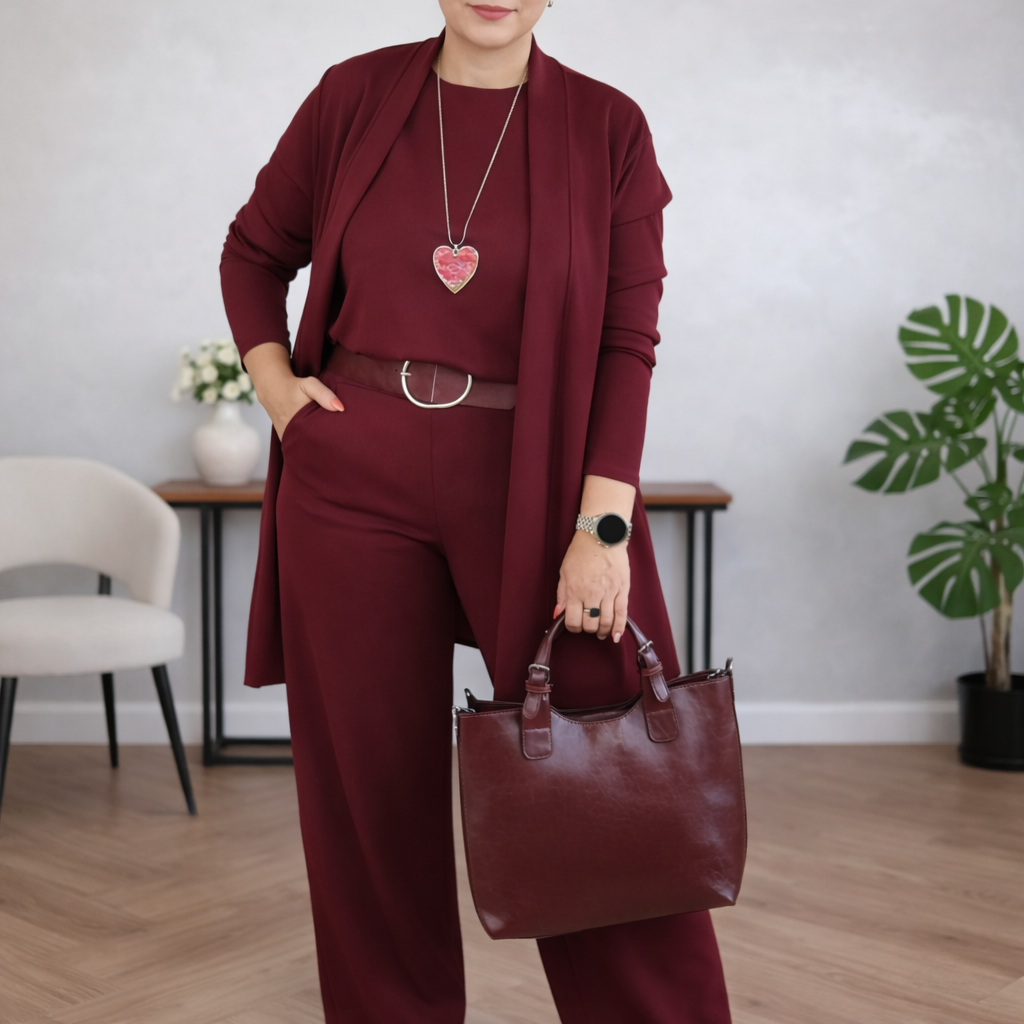 Saoirse | Three Piece Set with Long Cardigan – Red