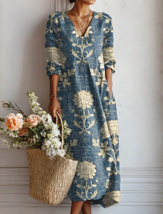Xanthe | Women's Abstract Print Linen Midi Dress – Blue
