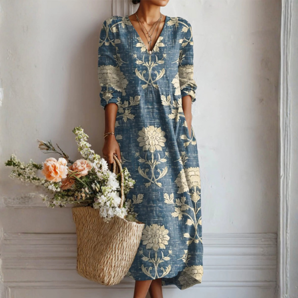 Xanthe | Women's Abstract Print Linen Midi Dress – Blue