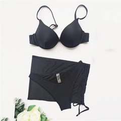 Romola | Underwire Bikini Top Set with Gathered Beach Skirt – Black