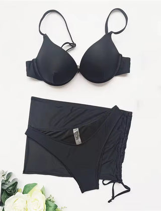 Romola | Underwire Bikini Top Set with Gathered Beach Skirt – Black