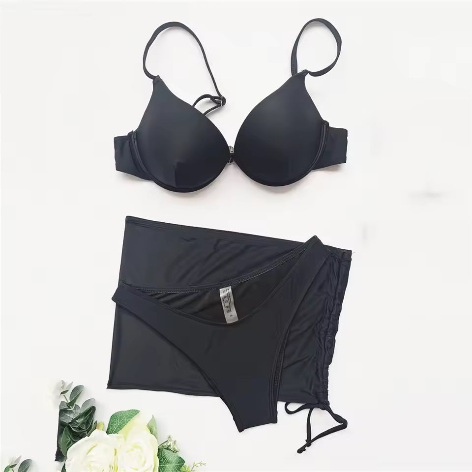Romola | Underwire Bikini Top Set with Gathered Beach Skirt – Black
