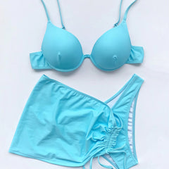 Romola | Underwire Bikini Top Set with Gathered Beach Skirt – Light Blue