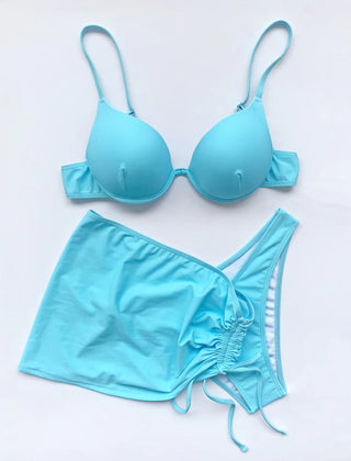 Romola | Underwire Bikini Top Set with Gathered Beach Skirt – Light Blue