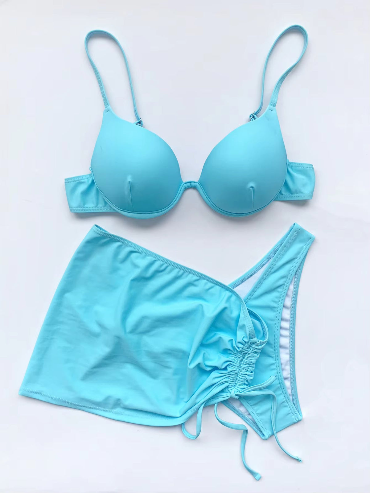 Romola | Underwire Bikini Top Set with Gathered Beach Skirt – Light Blue