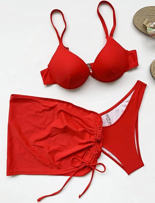 Romola | Underwire Bikini Top Set with Gathered Beach Skirt – Red