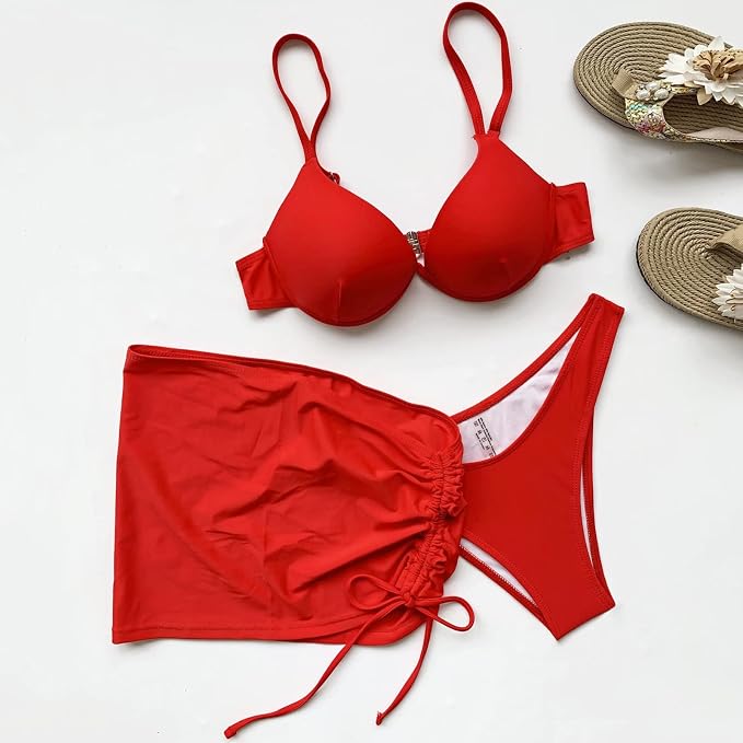 Romola | Underwire Bikini Top Set with Gathered Beach Skirt – Red