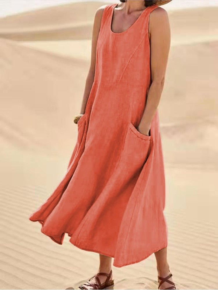 Laurel | Women's Sleeveless Linen Midi Dress – Orange