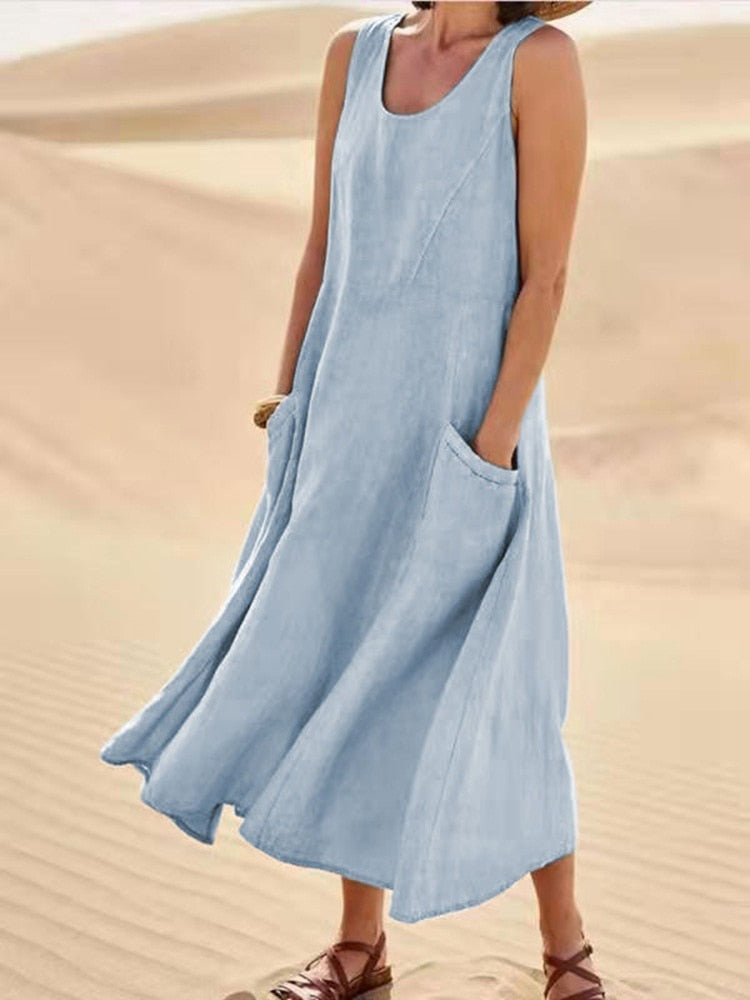 Laurel | Women's Sleeveless Linen Midi Dress – Light Blue