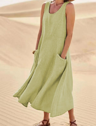 Laurel | Women's Sleeveless Linen Midi Dress – Light Olive Green