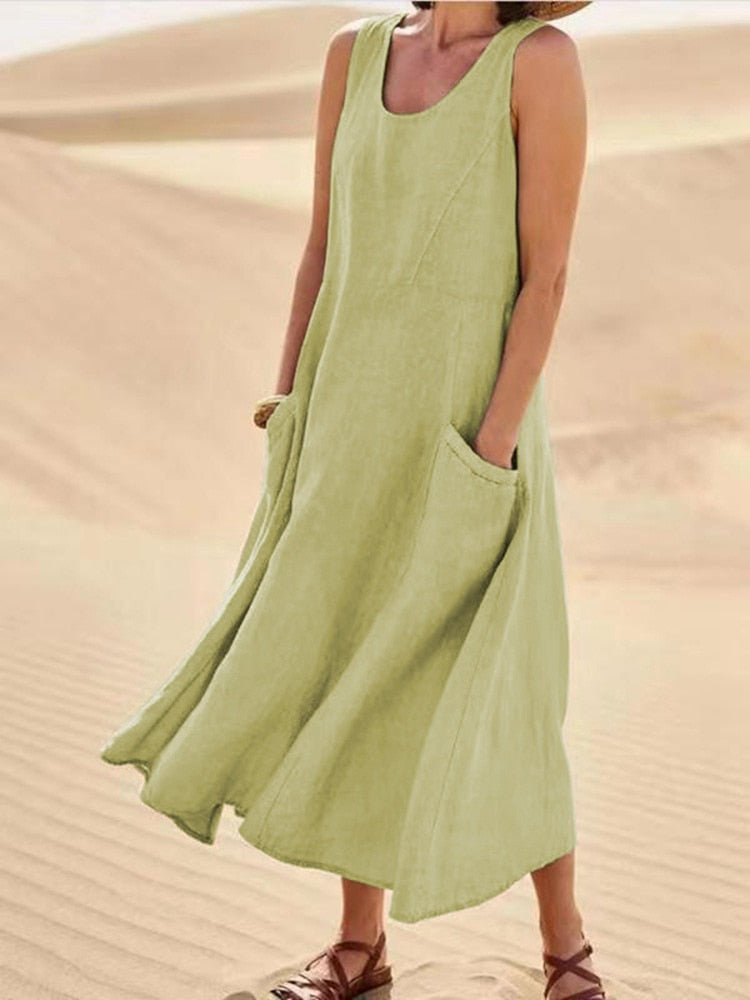 Laurel | Women's Sleeveless Linen Midi Dress – Light Olive Green