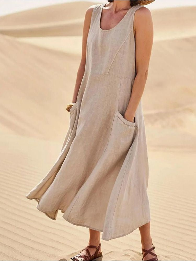 Laurel | Women's Sleeveless Linen Midi Dress – Khaki