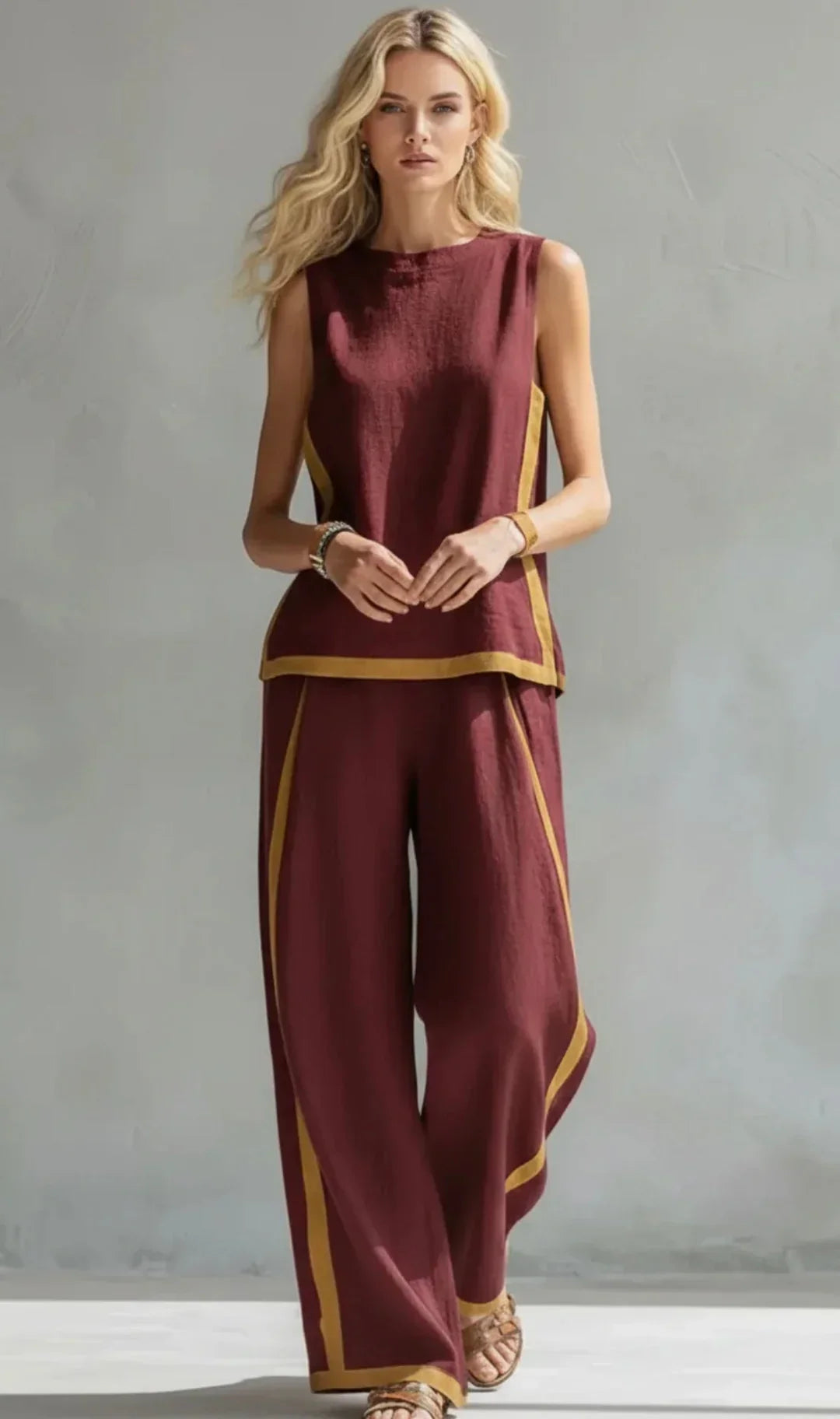 Peggy | Two Piece Set with Contrast Trim – Burgundy