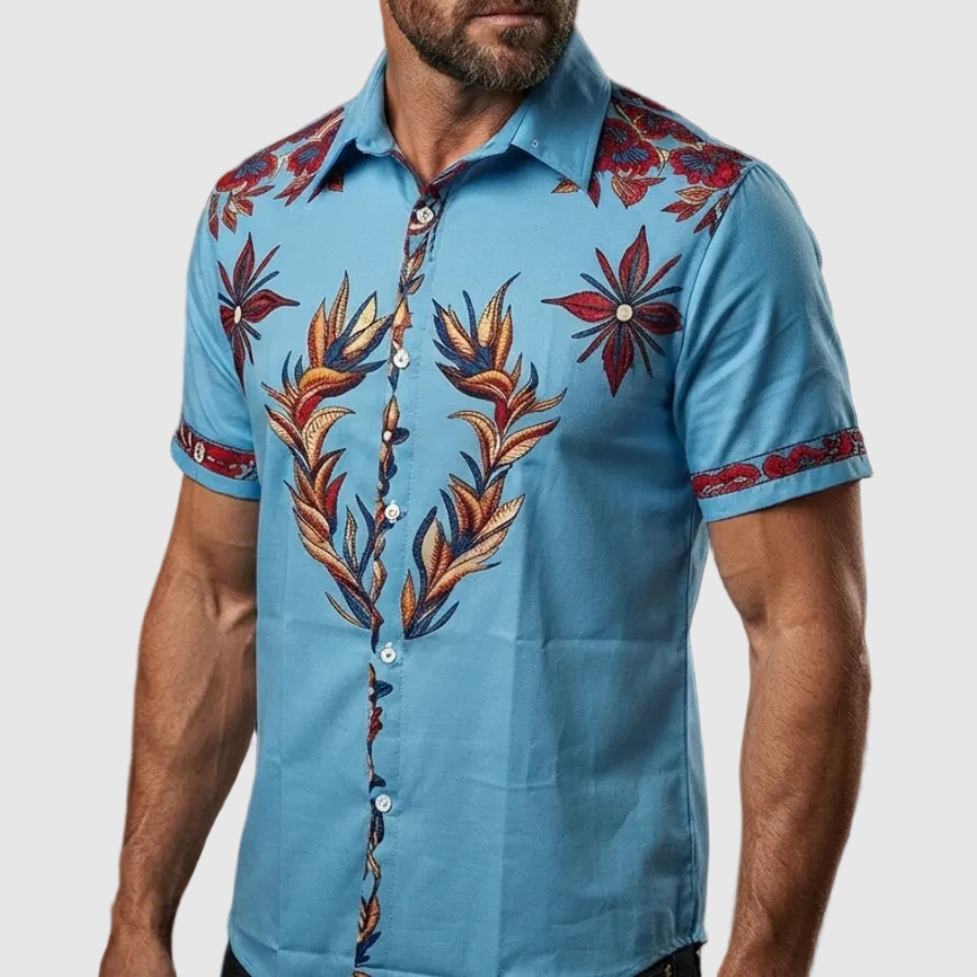 Brody | Western Floral Shirt with Contrast Placket – Blue