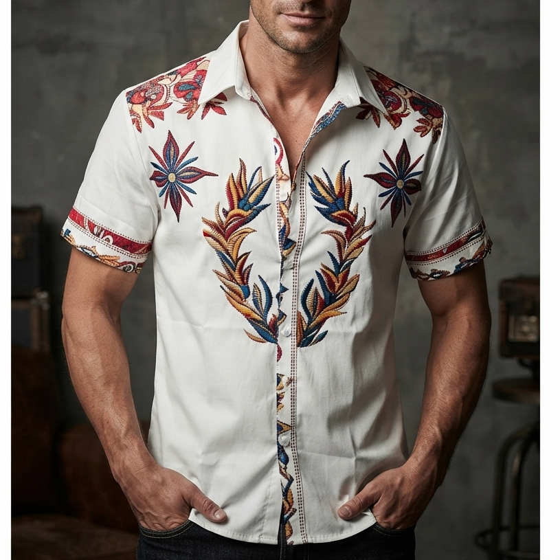 Brody | Western Floral Shirt with Contrast Placket – White