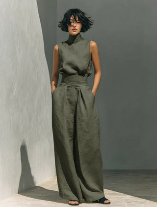 Rue | Minimalist Sleeveless Linen Set – Military Green
