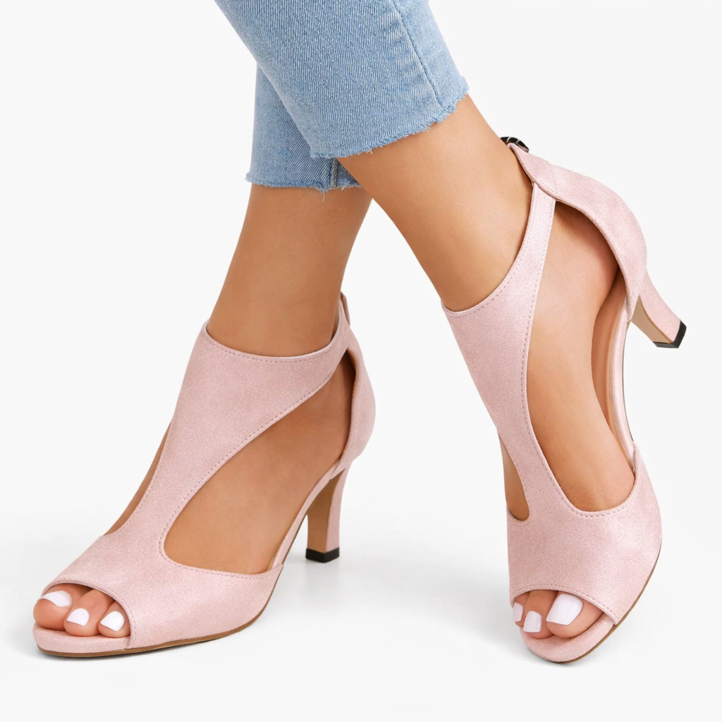 Romaine | Cushioned Heeled Sandals with Cut-Out Design – Pink
