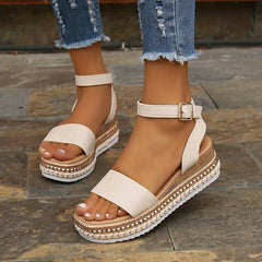Solenne | Ankle Strap Platform Sandals with Textured Sole – Apricot