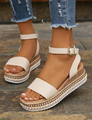 Solenne | Ankle Strap Platform Sandals with Textured Sole – Apricot