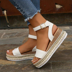 Solenne | Ankle Strap Platform Sandals with Textured Sole – White