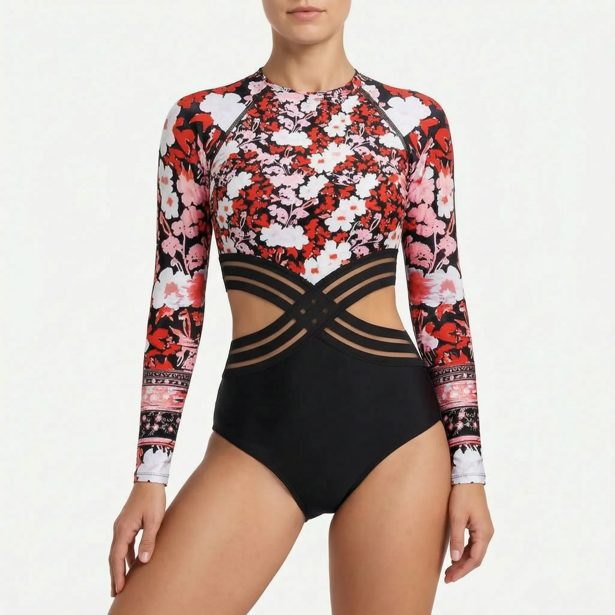 Noelani | Long Sleeve Swimsuit with Side Cut-Outs – Red