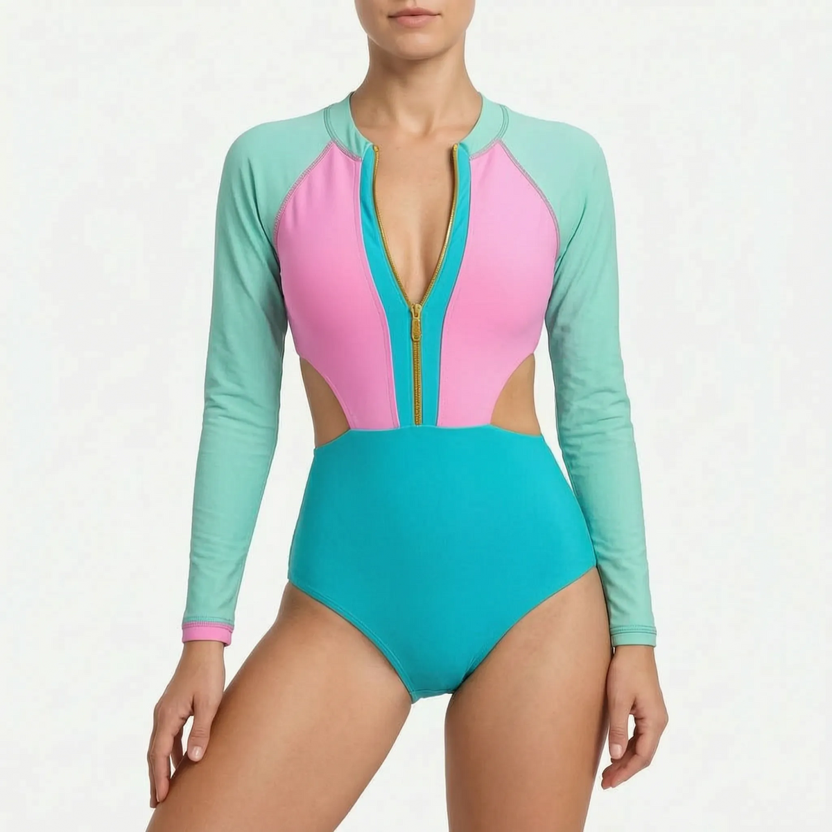 Noelani | Long Sleeve Swimsuit with Side Cut-Outs – Blue Pink