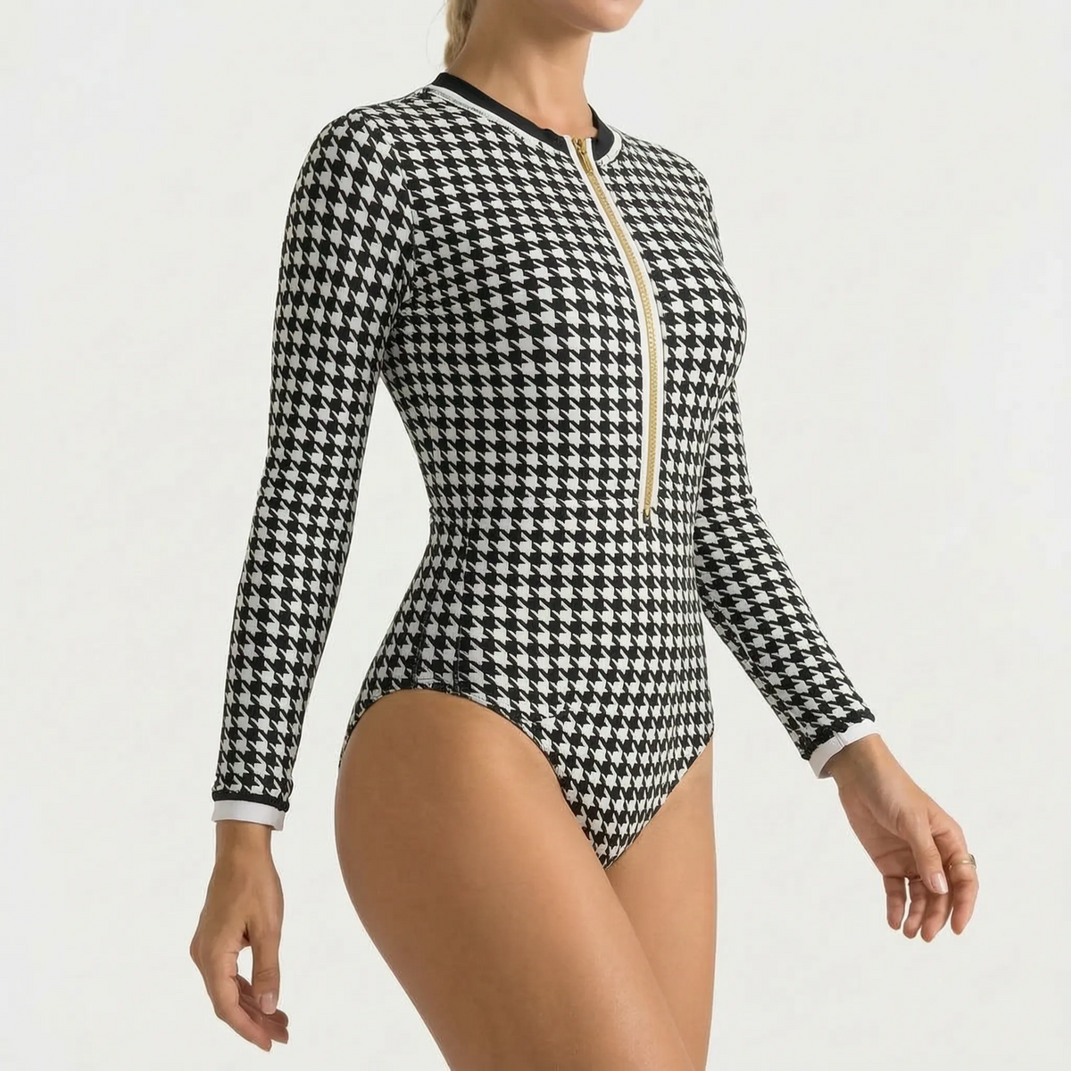 Rae | Women's Zip Front Long Sleeve Swimsuit – Black White