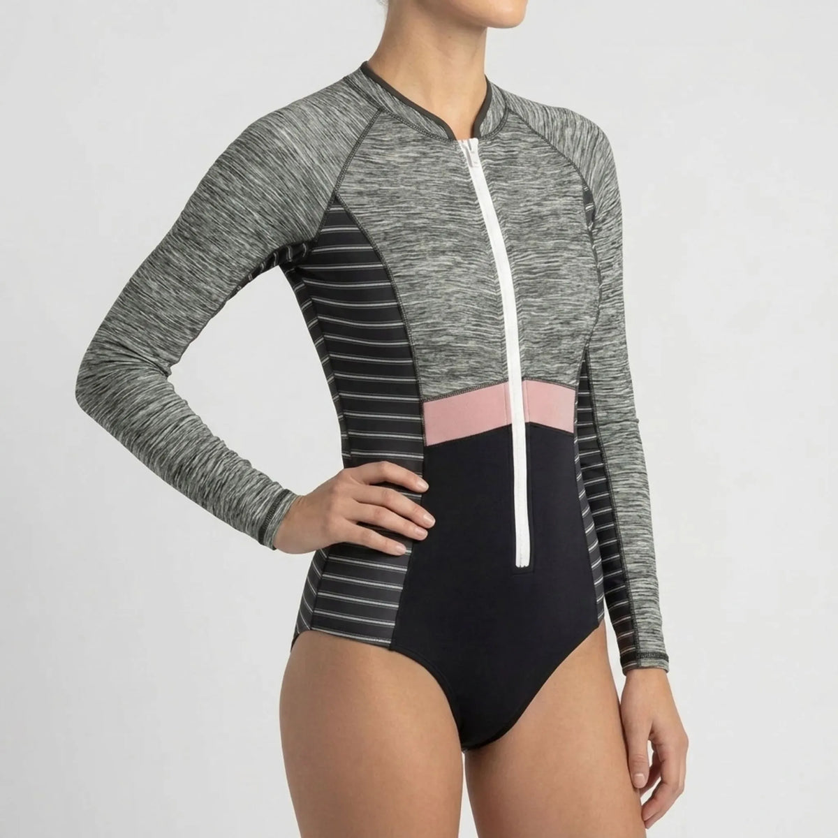Rae | Women's Zip Front Long Sleeve Swimsuit – Grey Black