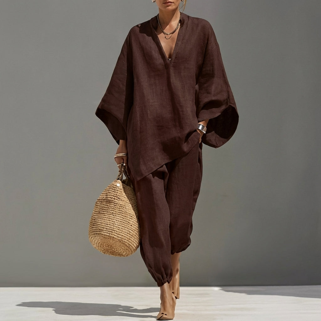 June | Women's Casual Set with V-Neck – Dark Brown