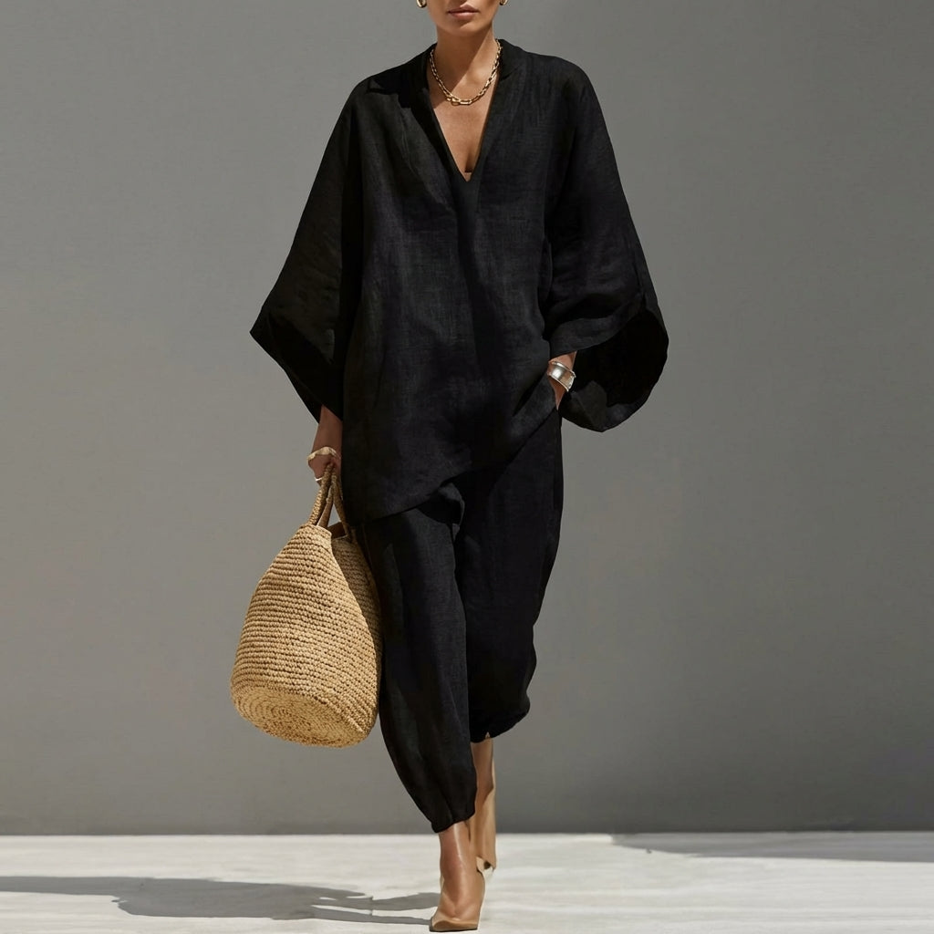 June | Women's Casual Set with V-Neck – Black