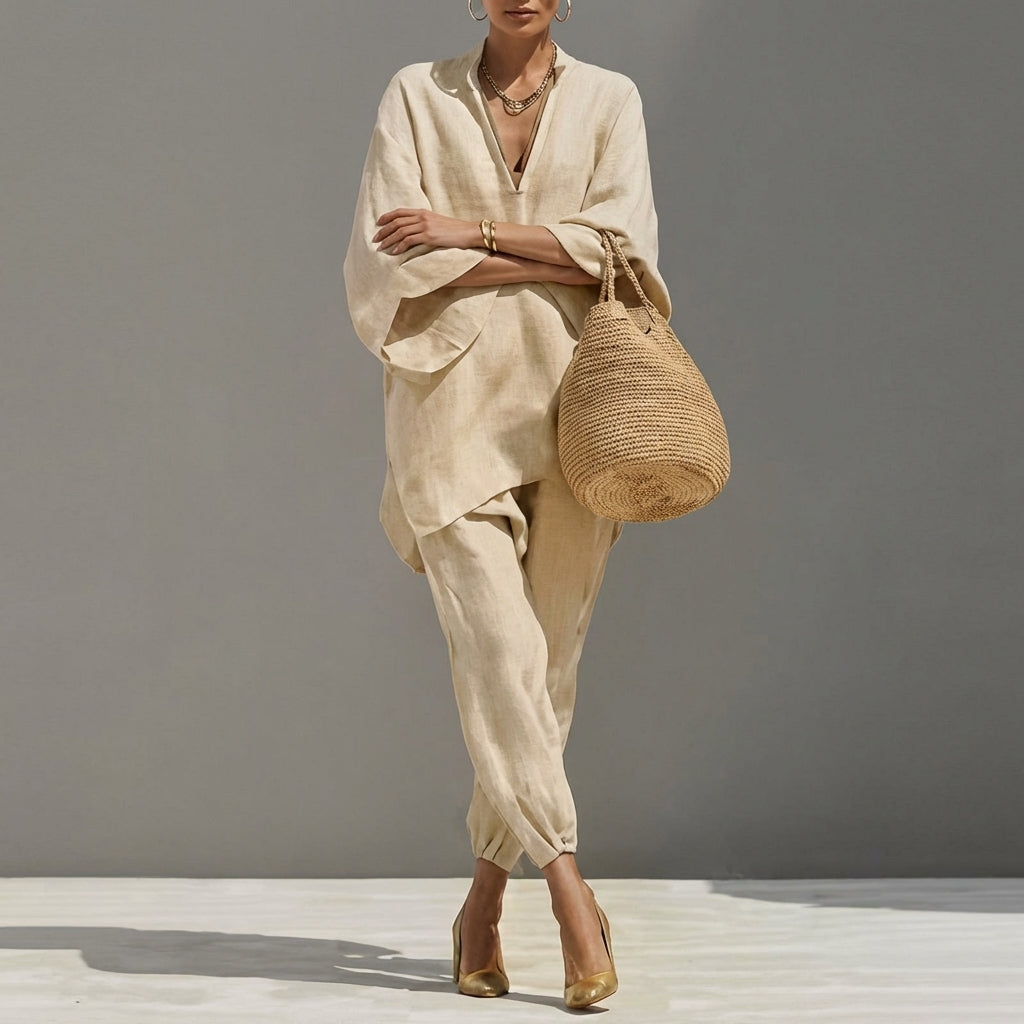 June | Women's Casual Set with V-Neck – Beige