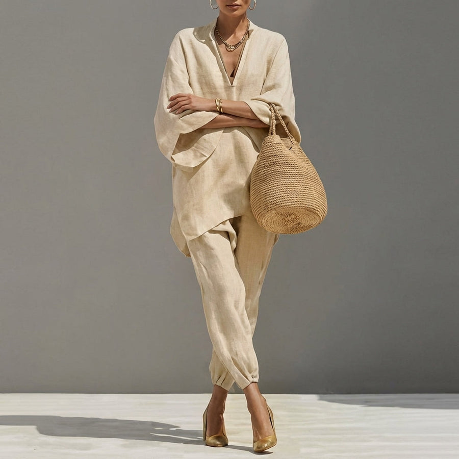 June | Women's Casual Set with V-Neck – Beige